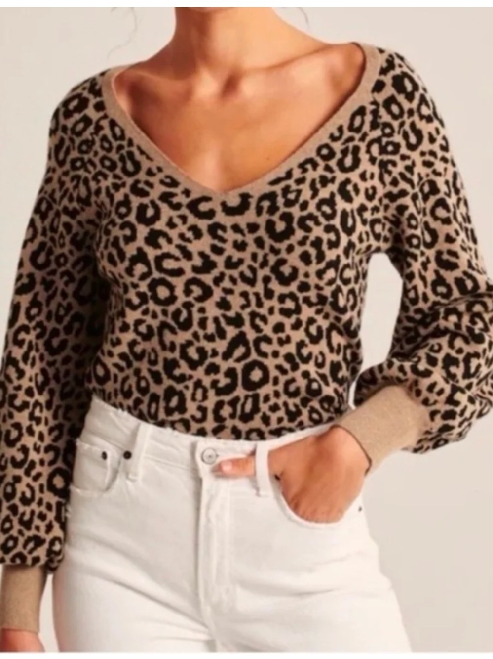 Abercrombie & Fitch Black and Tan Leopard V-Neck Sweater